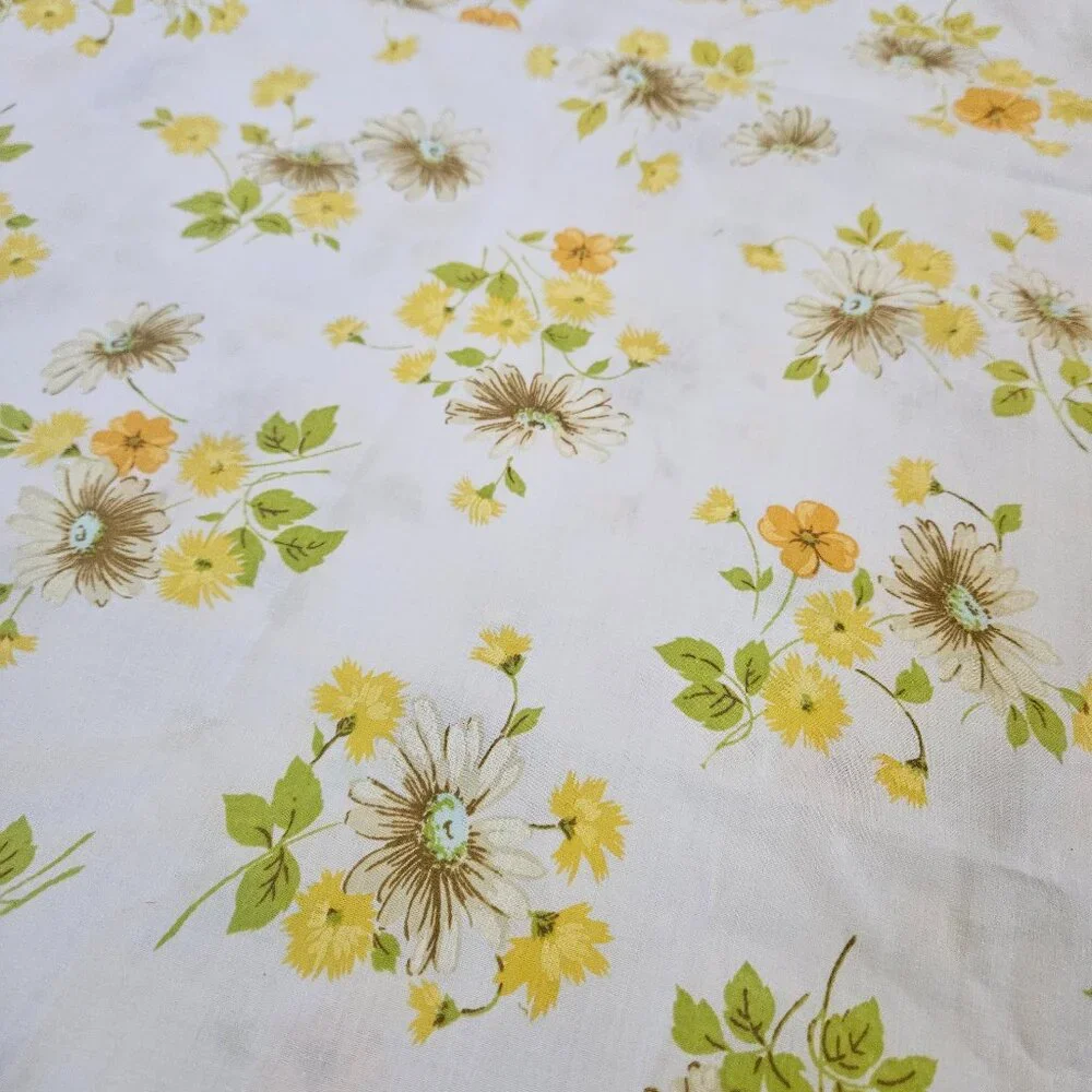 Vintage 60s 70s Pequot Double Full Flat Bed Sheet Easy Care Floral Yellow Fabric